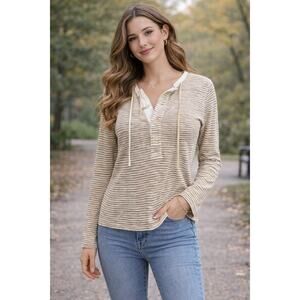 Free People Desert Rider FP Heirloom Striped Henley Top Brown Linen Blend LS XS